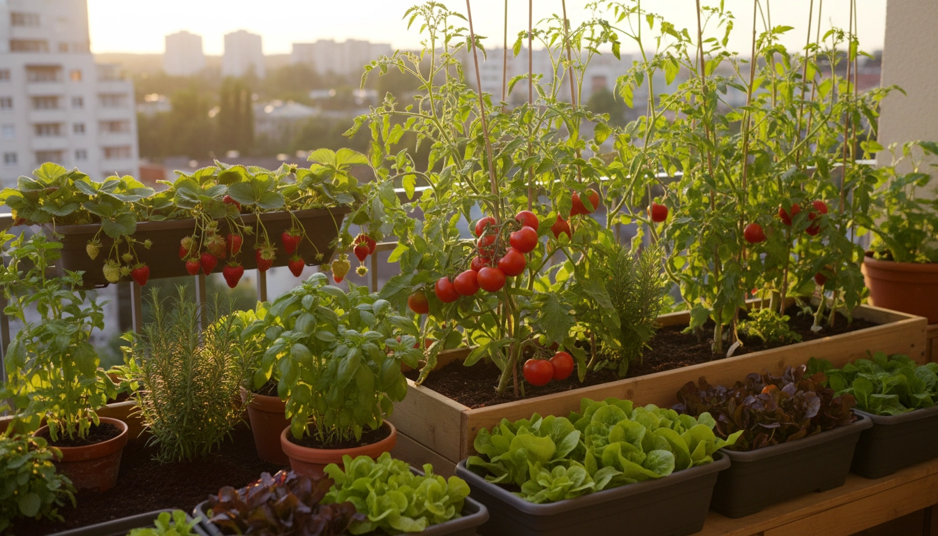 Potager de balcon avec tomates et herbes aromatiques dans un substrat riche et drainant