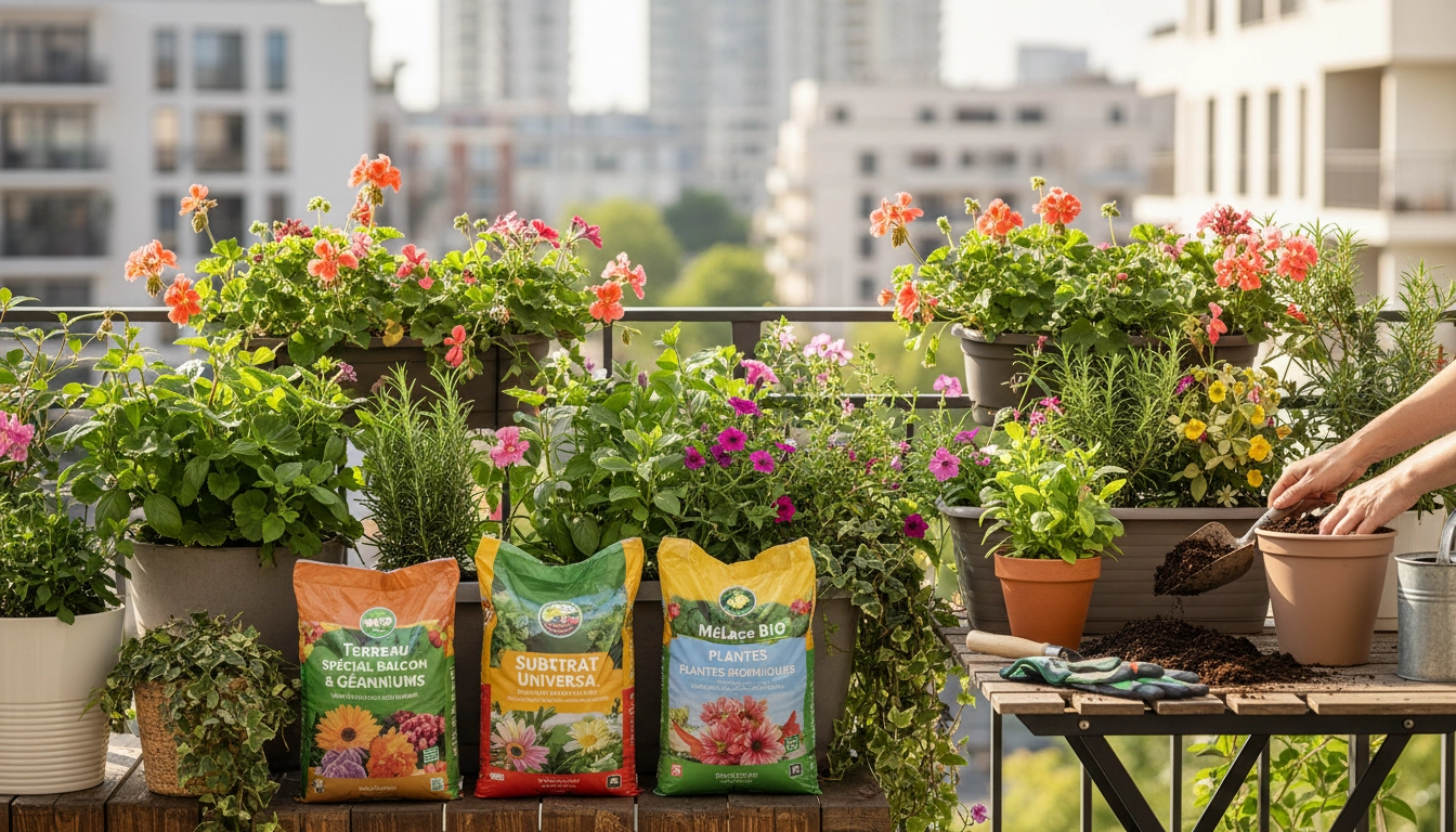 Terreau plantes balcon : bacs colorés et fleuris sur une terrasse urbaine ensoleillée