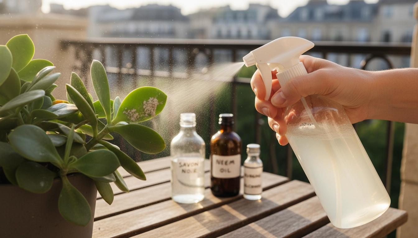 Application d'un traitement naturel contre les cochenilles sur des plantes de balcon avec savon noir et huile de neem