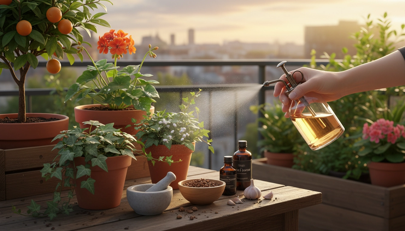 Traitement naturel cochenilles sur une plante de balcon avec savon noir et huile de neem