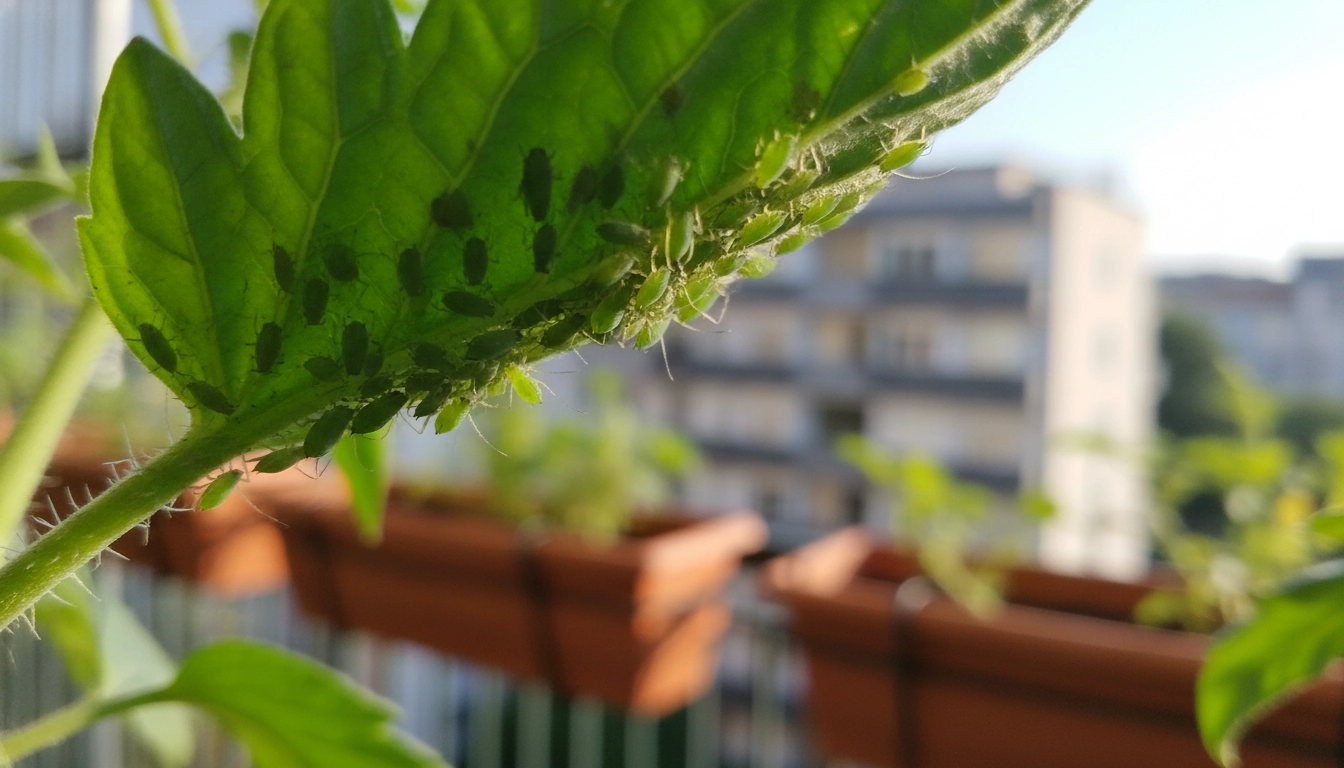 Gros plan sur des pucerons verts sous une feuille de tomate, traitement naturel pucerons légumes balcon à appliquer en urgence
