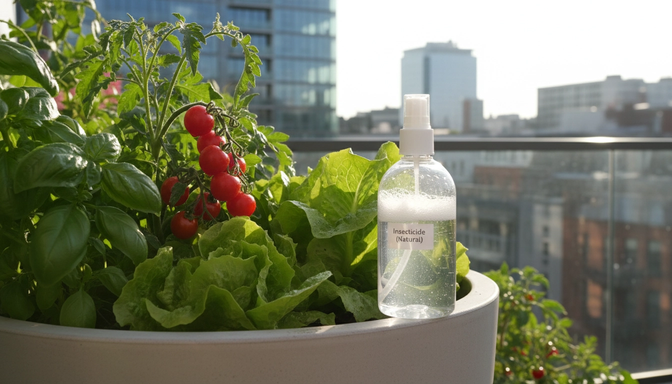 Vaporisateur de savon noir prêt à l'emploi pour le traitement naturel contre les pucerons sur un potager de balcon