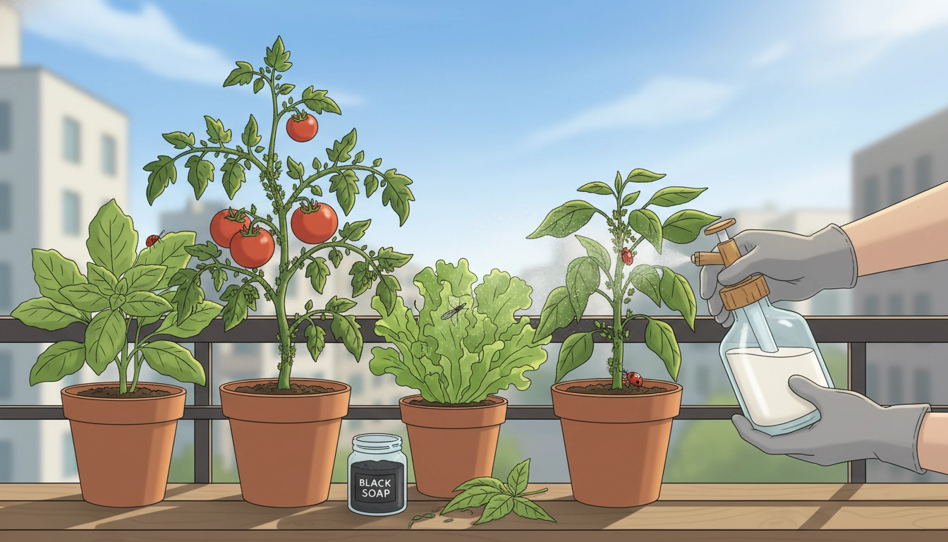 Traitement naturel contre les pucerons sur des légumes cultivés en bacs sur un balcon urbain ensoleillé