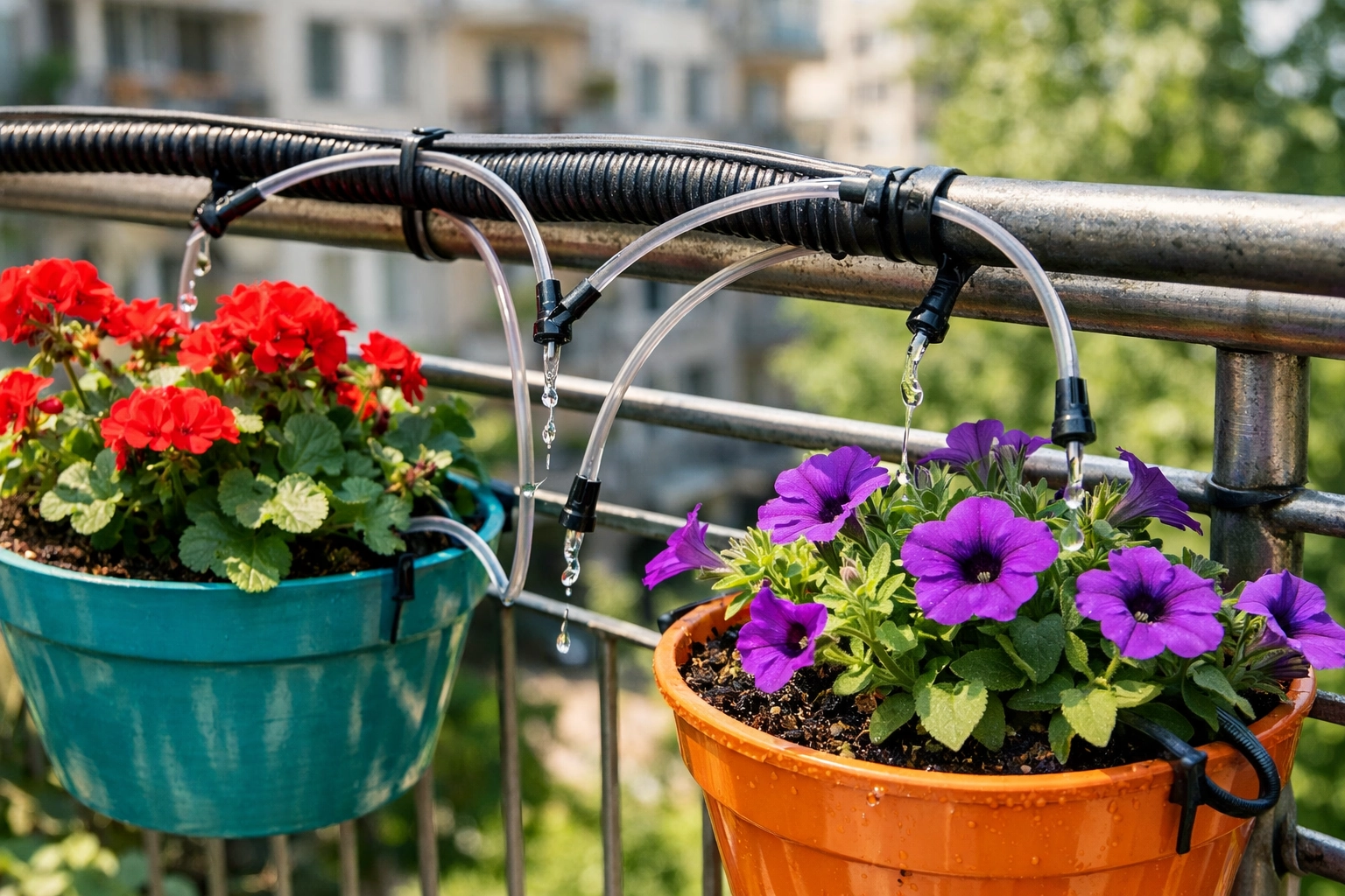Système de tuyau récupération arrosage suspendu jardinière balcon fixé sur rambarde métallique avec géraniums