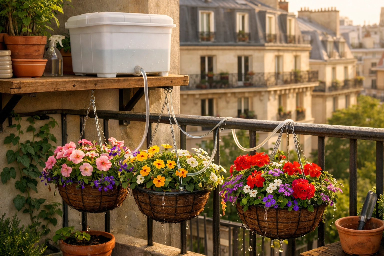 Réservoir surélevé avec tuyau de récupération pour arroser des jardinières suspendues par gravité sur un balcon