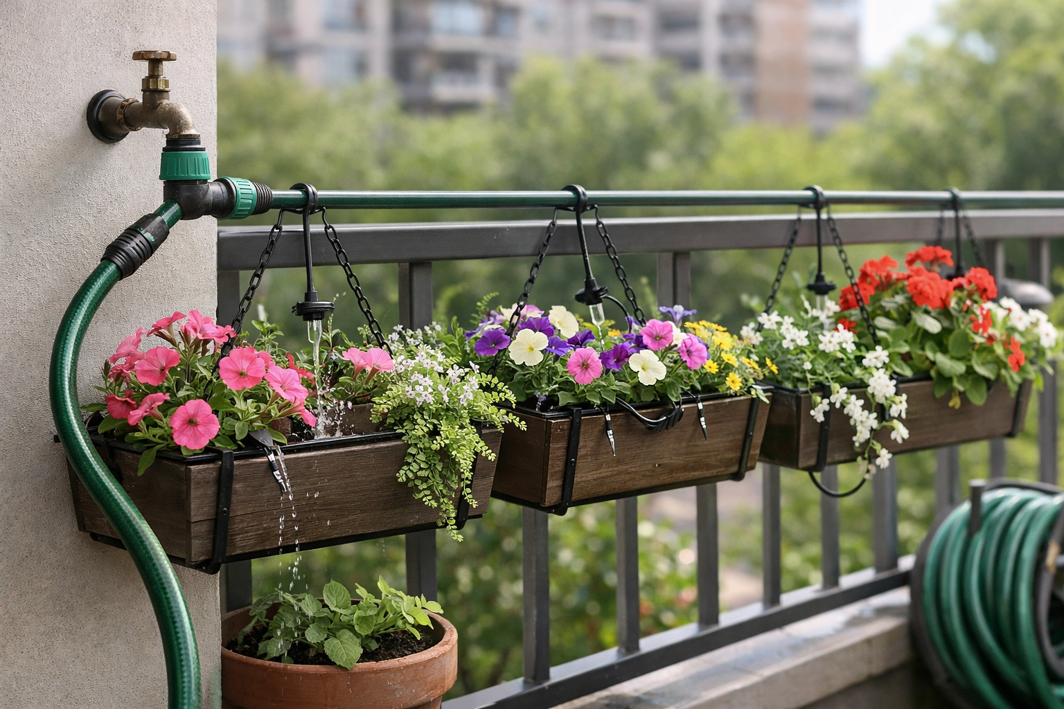 Tuyau de récupération pour arrosage suspendu de jardinière de balcon avec système DIY en cascade