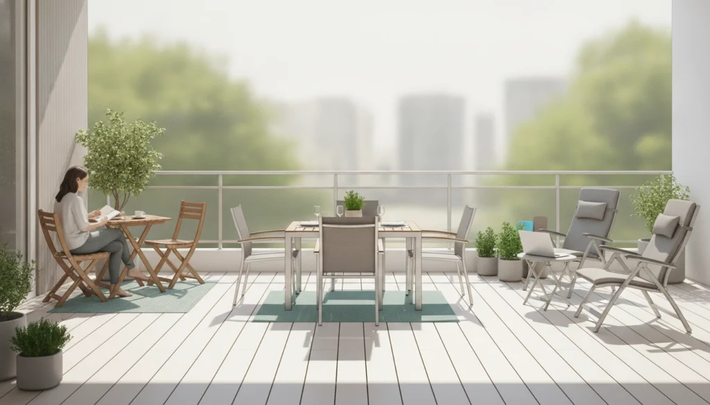 Aménagement réussi avec différents types de mobilier pliable balcon selon usage sur un balcon urbain