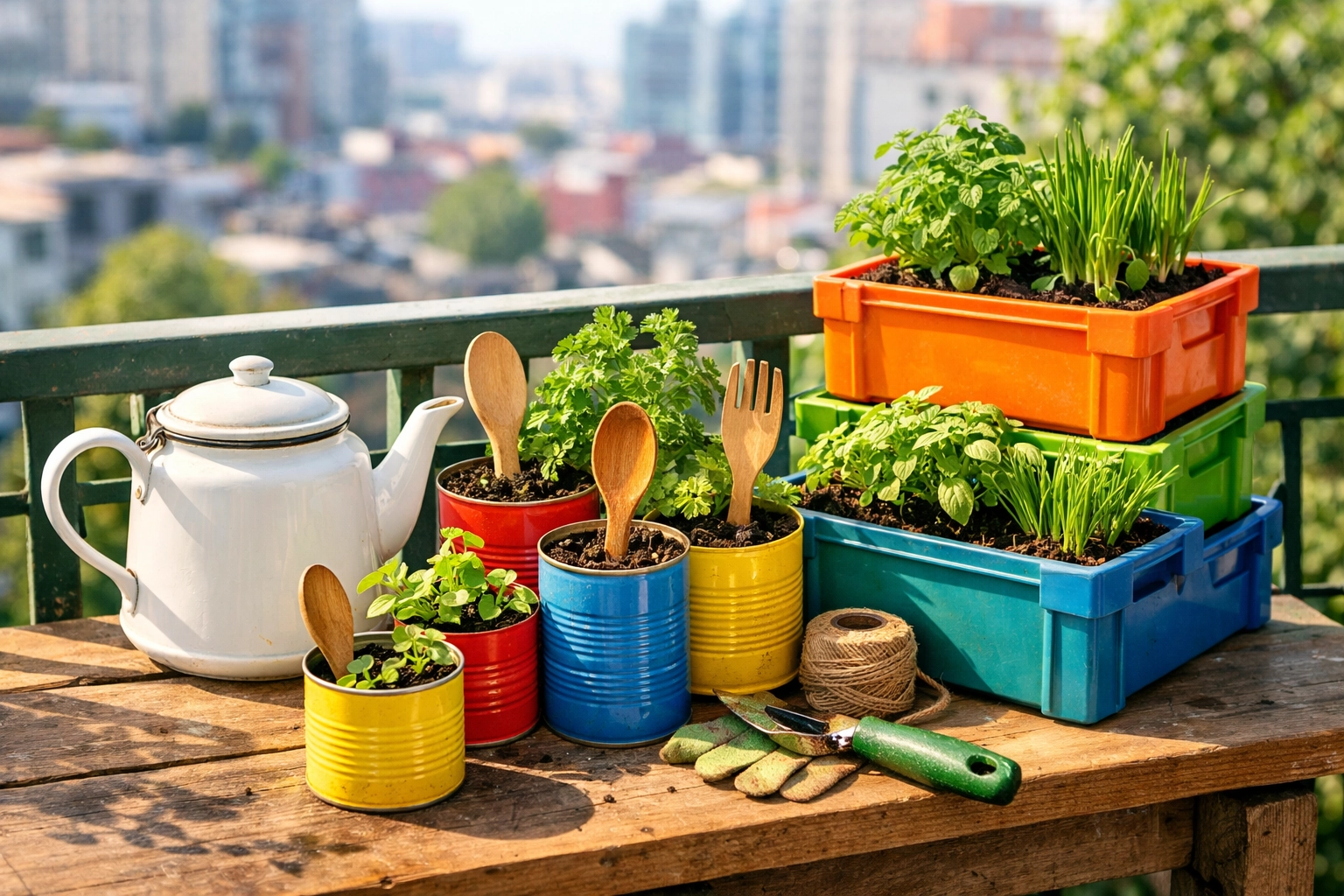 Balcon urbain avec des ustensiles de cuisine recyclés en outils de jardinage pour balcon, montrant des cuillères, passoires, boîtes de conserve et conteneurs en plastique transformés