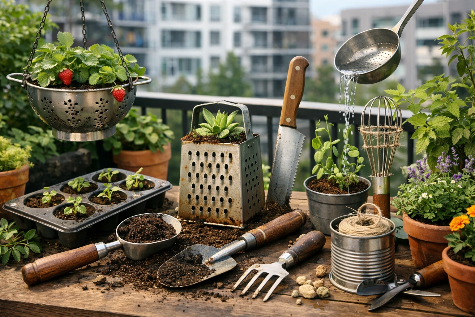 Collection colorée d'ustensiles de cuisine recyclés en outils de jardinage pour balcon urbain