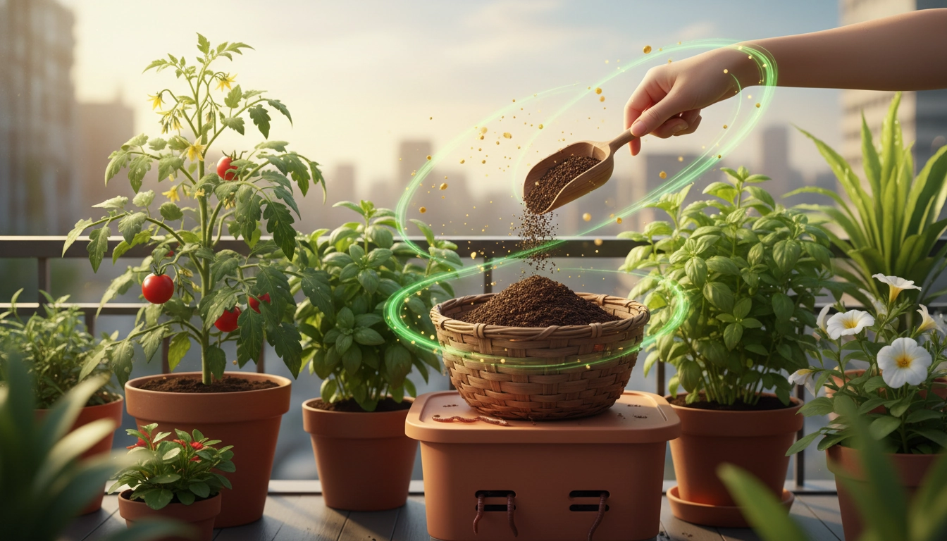 Arrosage de plantes de balcon avec du thé de lombricompost dilué dans un arrosoir