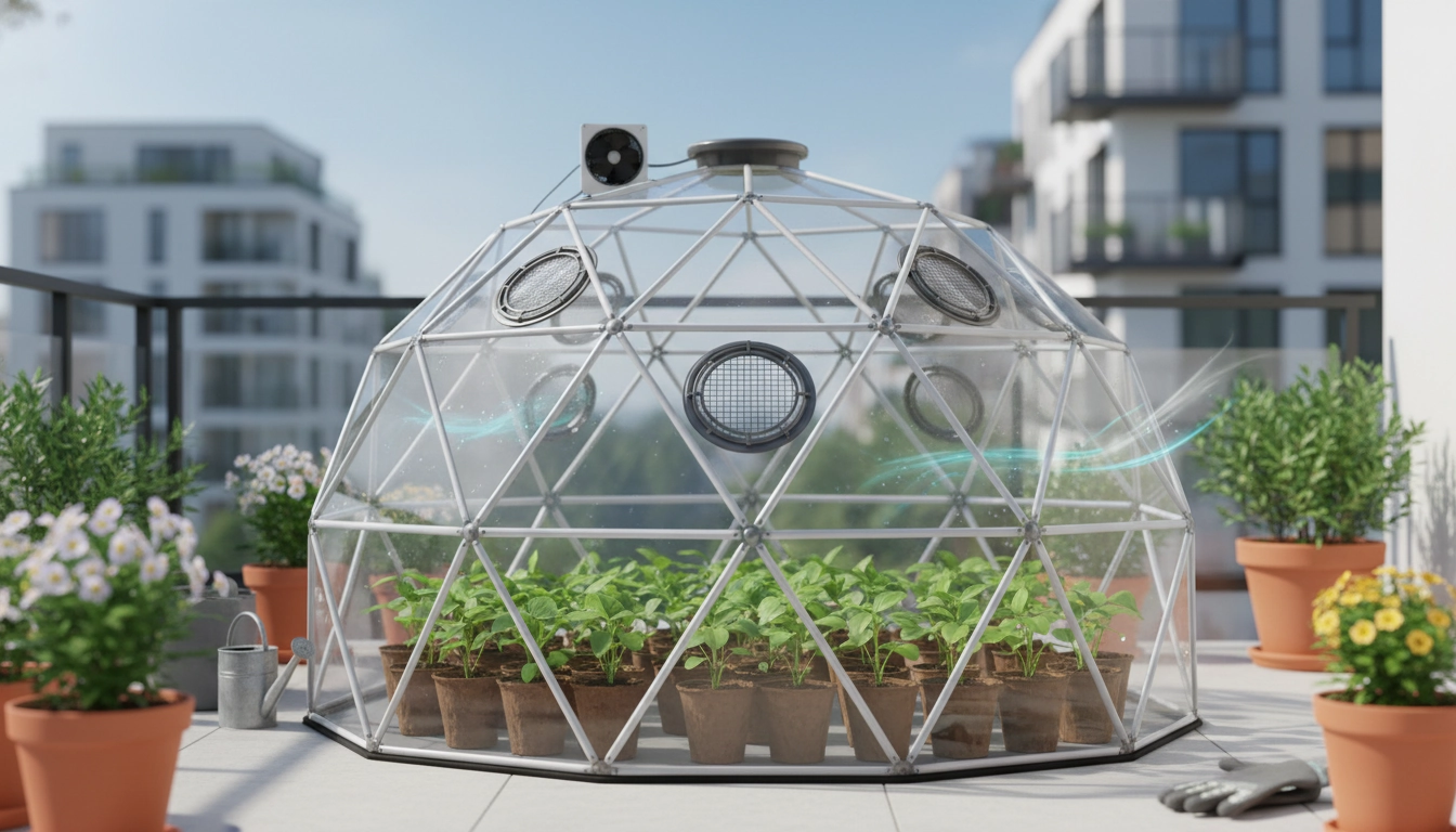 Mini serre de balcon avec semis et condensation sur les parois - conseils de ventilation
