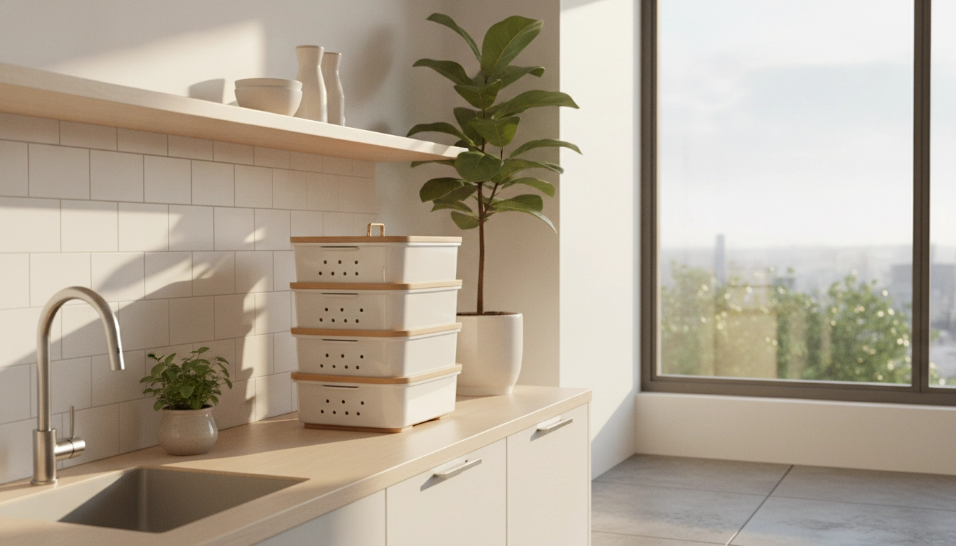 Installation esthétique de vermicompostage sans odeur appartement conseils pratiques dans une cuisine moderne.