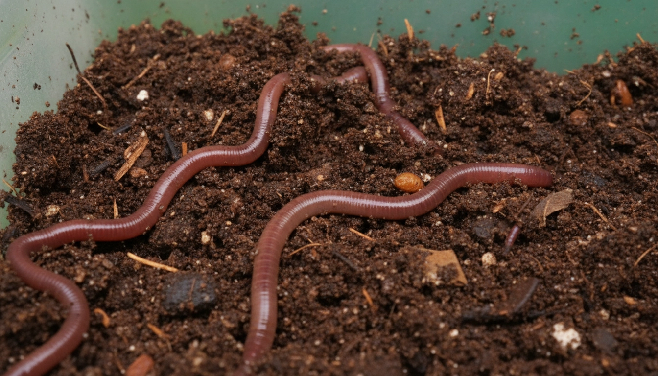 Détail de la terre riche et saine produite par le vermicompostage.