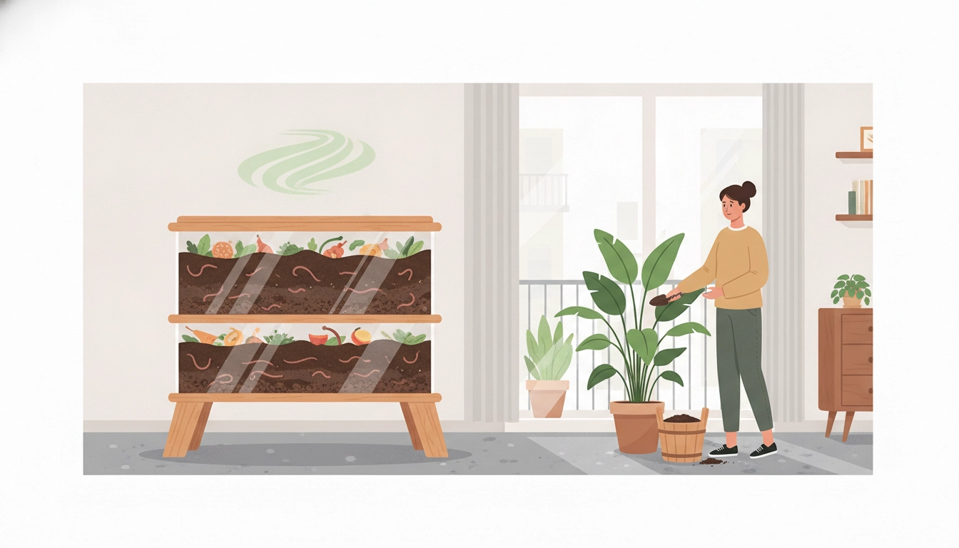 Un bac de vermicompostage propre et discret dans une cuisine moderne, illustrant le vermicompostage sans odeur appartement conseils pratiques.