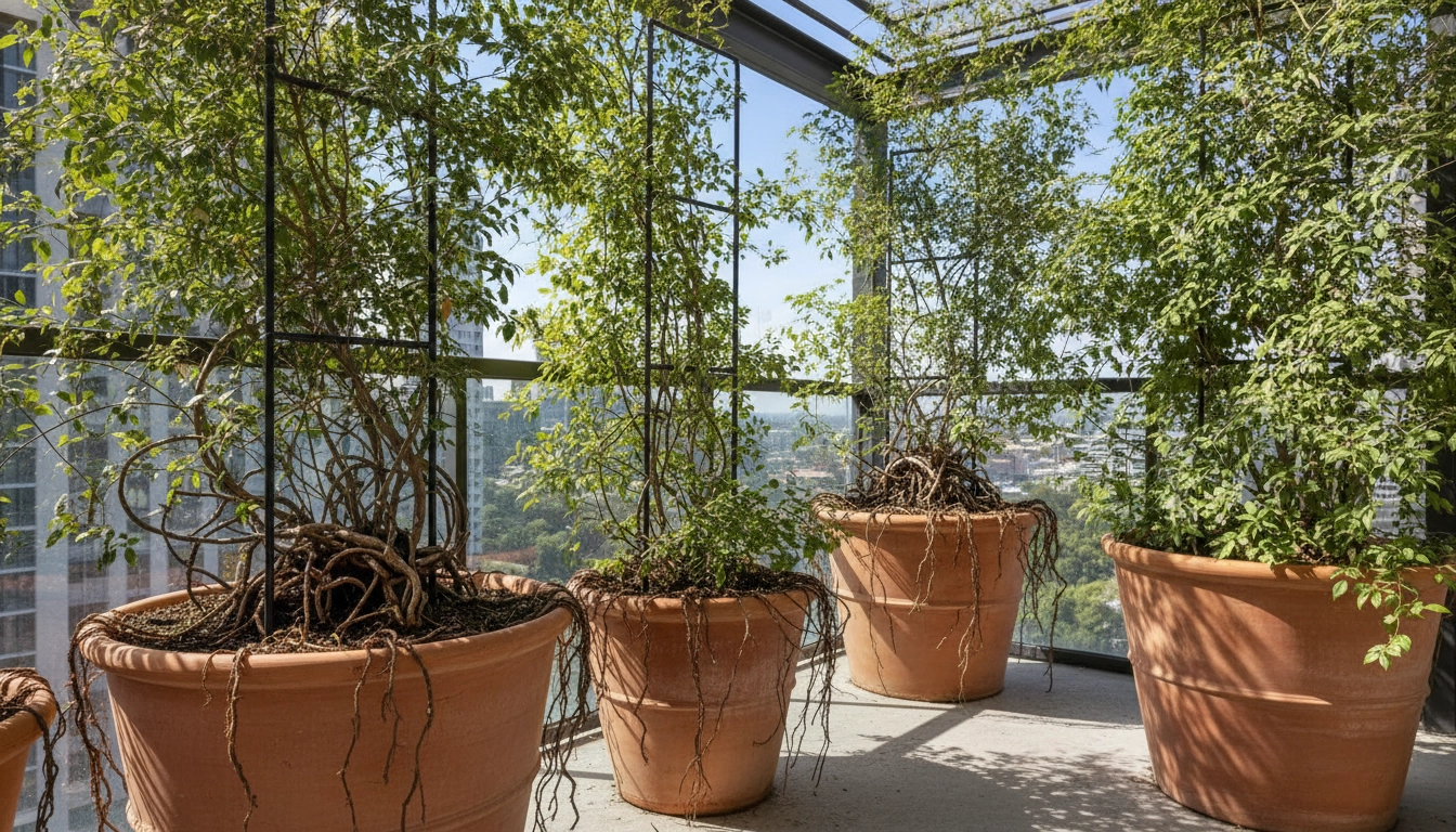 Installation de plantes grimpantes balcon pot volume terre nécessaire pour une croissance optimale