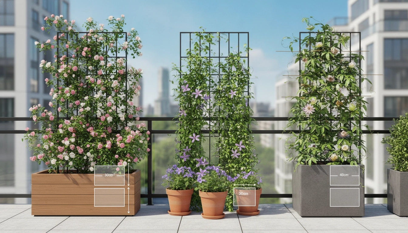 Plantes grimpantes sur un balcon avec des pots adaptés pour respecter le plantes grimpantes balcon pot volume terre nécessaire